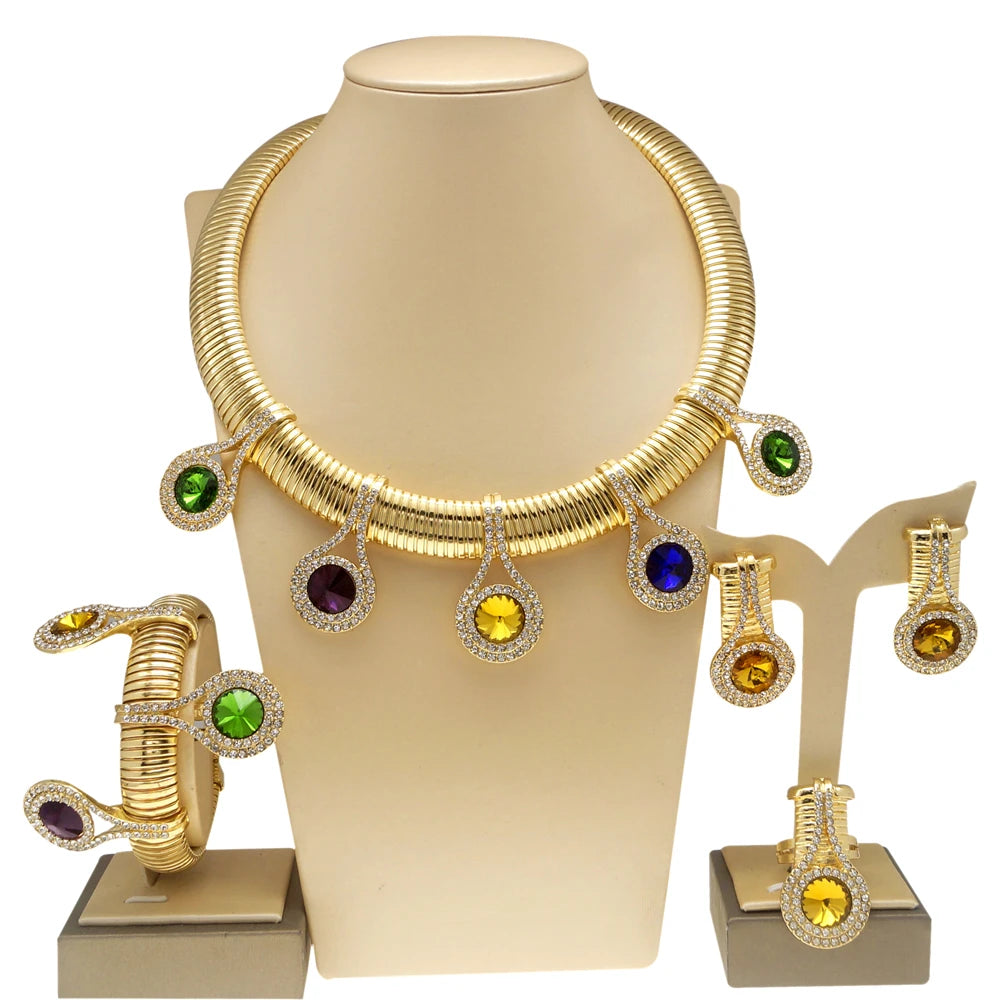 Women Jewelry Set 24k Original Necklace Gorgeous Colorful Stone Simple Fashion Earring Bracelet Luxury Wedding Banquet Jewelry