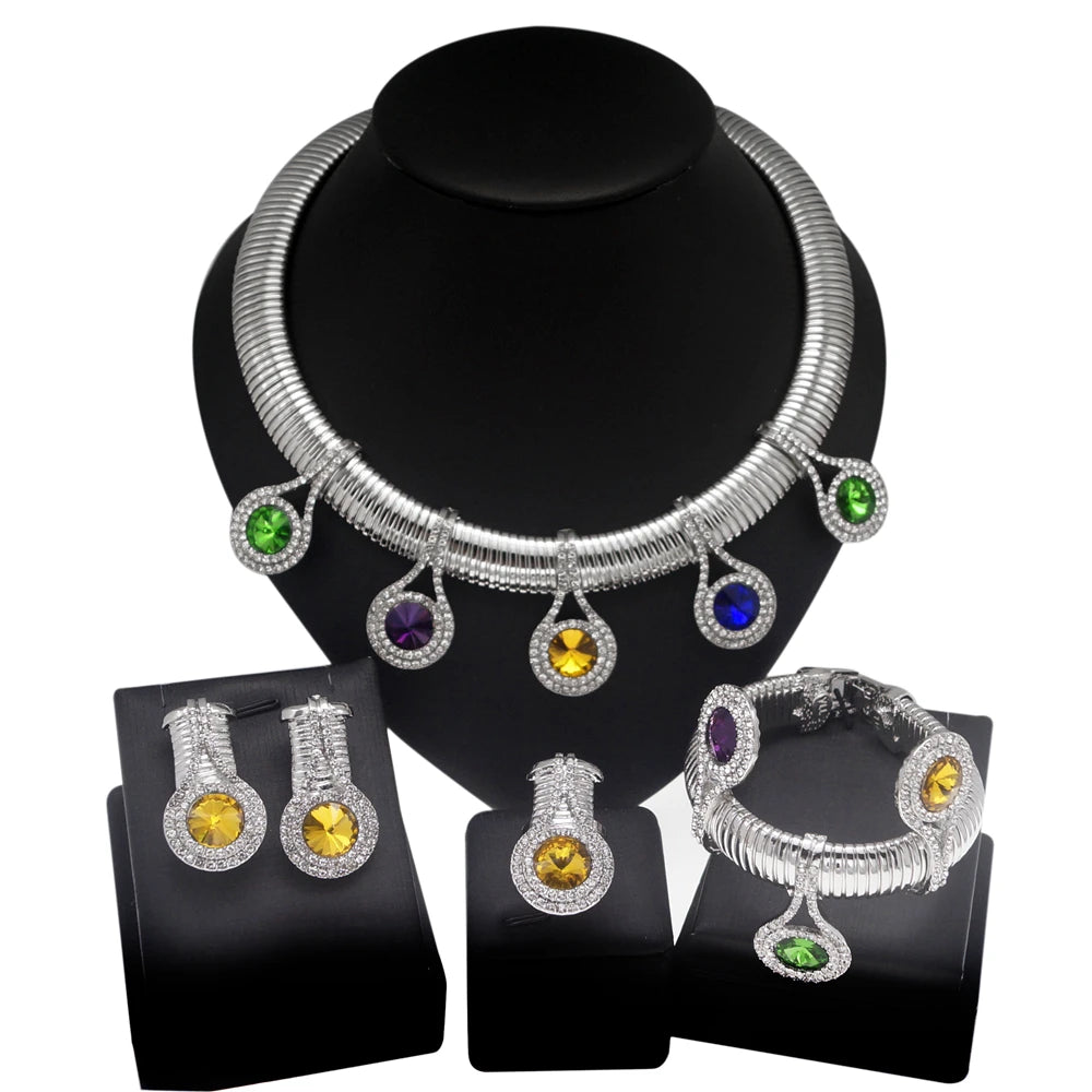 Women Jewelry Set 24k Original Necklace Gorgeous Colorful Stone Simple Fashion Earring Bracelet Luxury Wedding  Banquet Jewelry