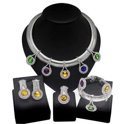 Women Jewelry Set 24k Original Necklace Gorgeous Colorful Stone Simple Fashion Earring Bracelet Luxury Wedding  Banquet Jewelry