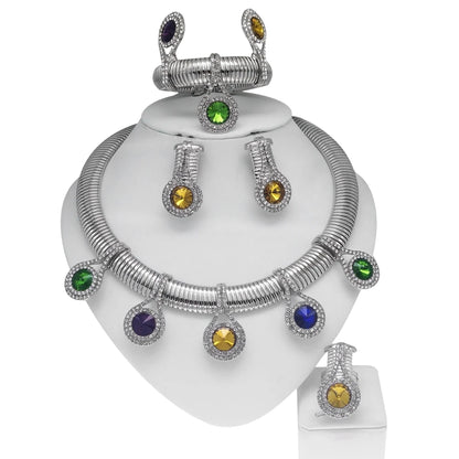 Women Jewelry Set 24k Original Necklace Gorgeous Colorful Stone Simple Fashion Earring Bracelet Luxury Wedding  Banquet Jewelry