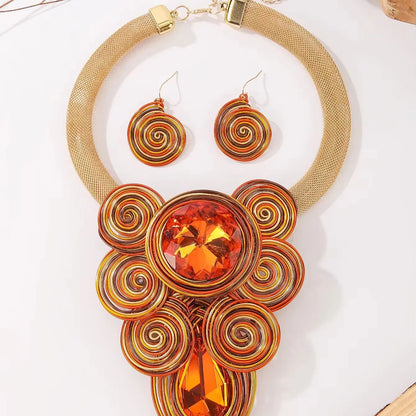 A set of new yellow jewelry, exaggerated design, teardrop crystal gemstone, aluminum wire woven large necklace and earrings