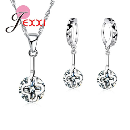 Wedding Accessories Women Jewelry Sets 925 Sterling Silver Color Color Austrian Crystal Hollow Necklace Dangle Earrings