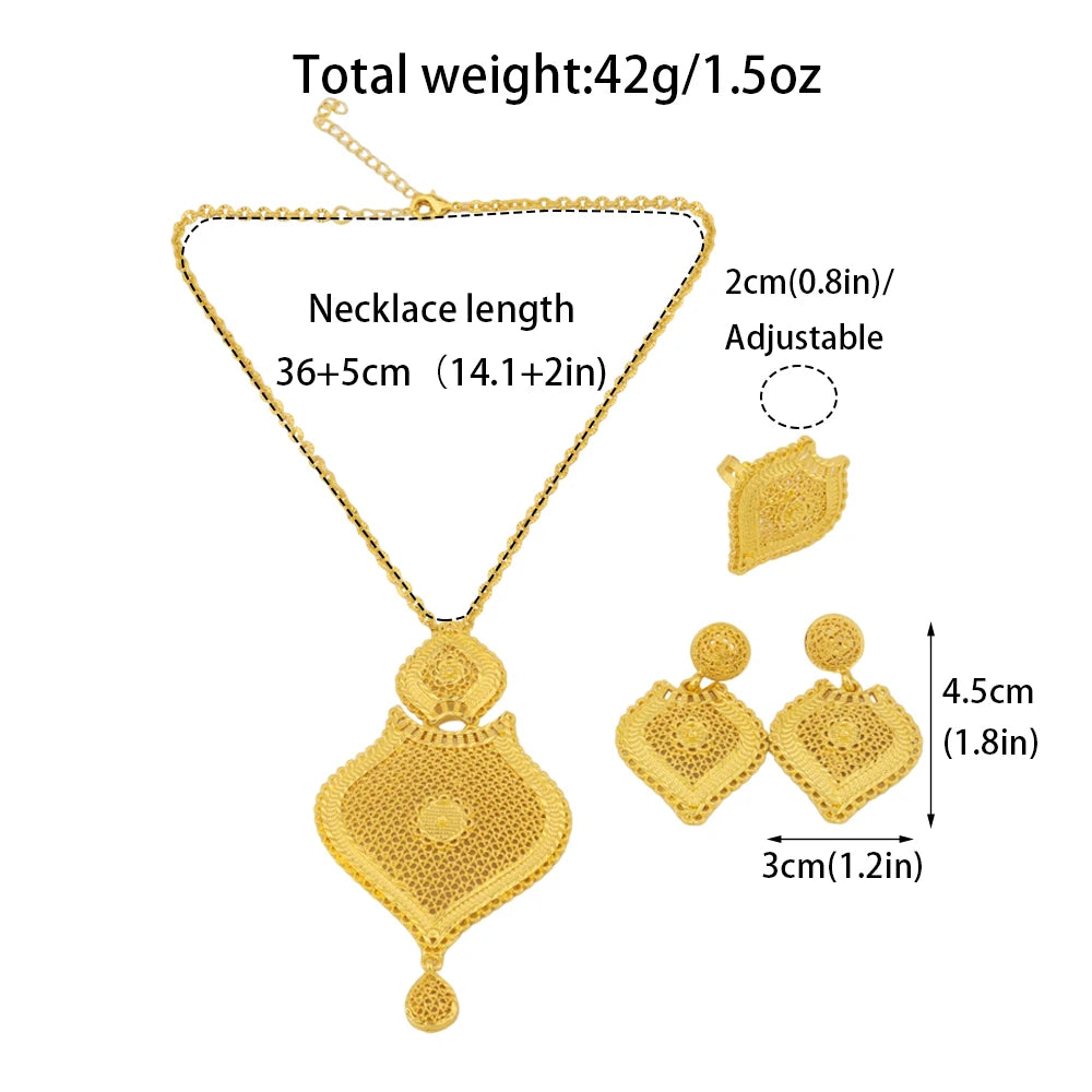 Nigerian Jewelry Set Women Wedding Jewelry Dubai Gold Geometric Flower Necklace Earrings Ring Luxury Party Favors