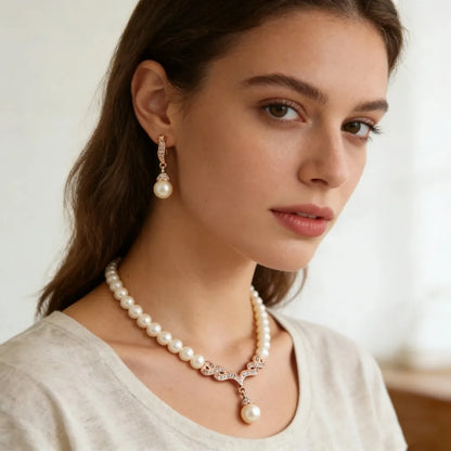 Women Pearl & Crystal Jewelry Set, Gold Tone Necklace, Elegant Bridal Wedding Party Dress Up Fashion Jewelry Collection