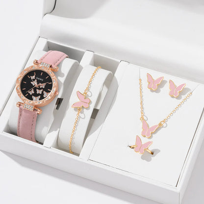 Butterfly Jewelry Set (without Box)Women Watches Female Leather Watch Rings Necklace Earrings Bracelet Wedding Gift