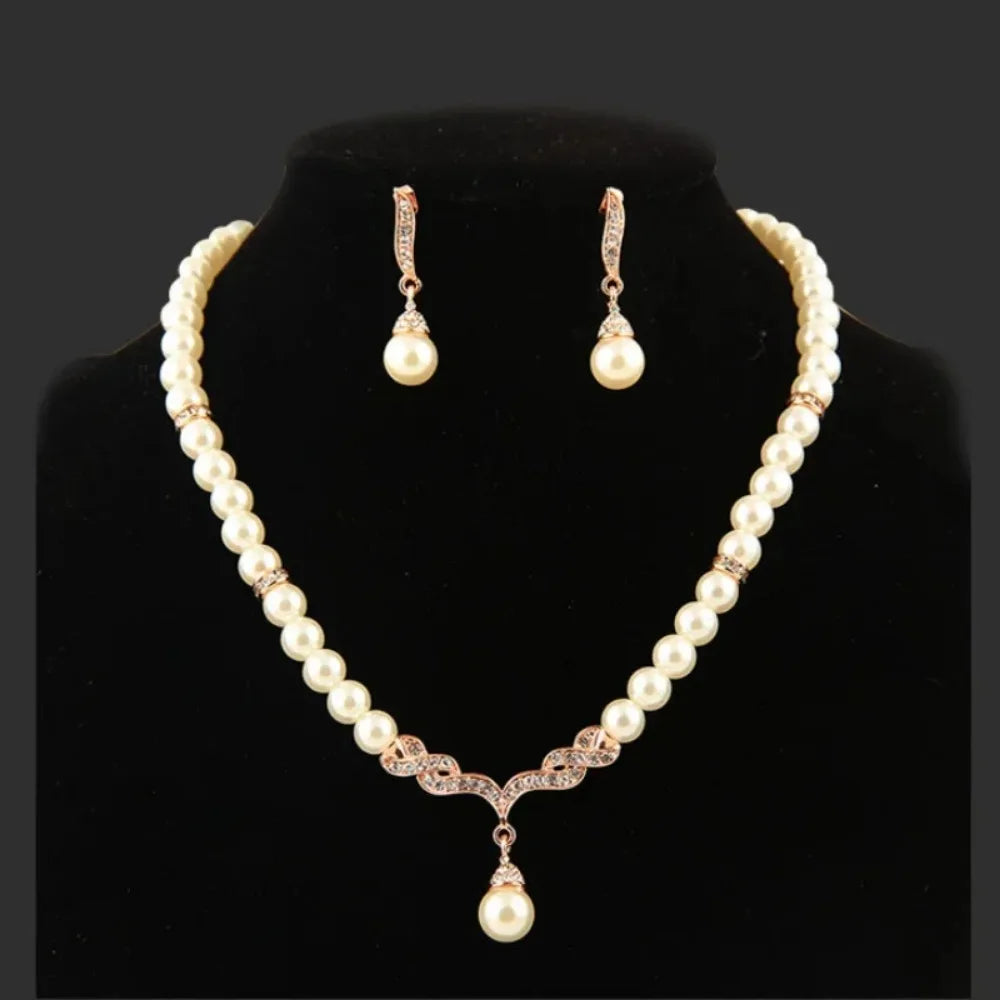 Women Pearl & Crystal Jewelry Set, Gold Tone Necklace, Elegant Bridal Wedding Party Dress Up Fashion Jewelry Collection