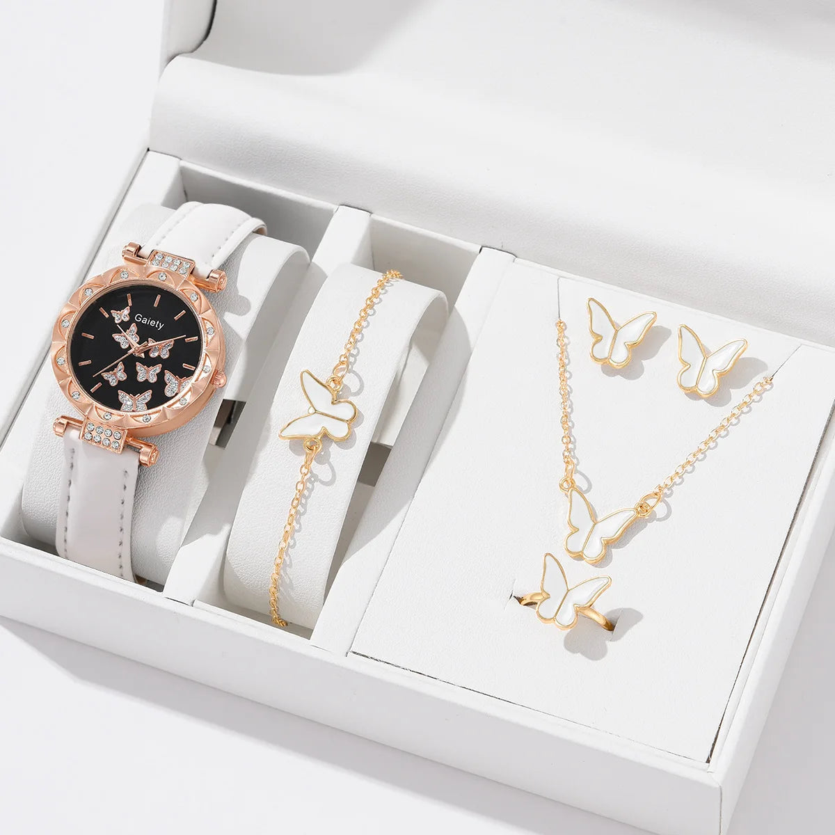 Butterfly Jewelry Set (without Box)Women Watches Female Leather Watch Rings Necklace Earrings Bracelet Wedding Gift