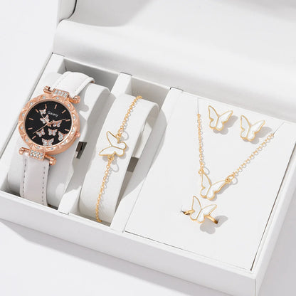 Butterfly Jewelry Set (without Box)Women Watches Female Leather Watch Rings Necklace Earrings Bracelet Wedding Gift