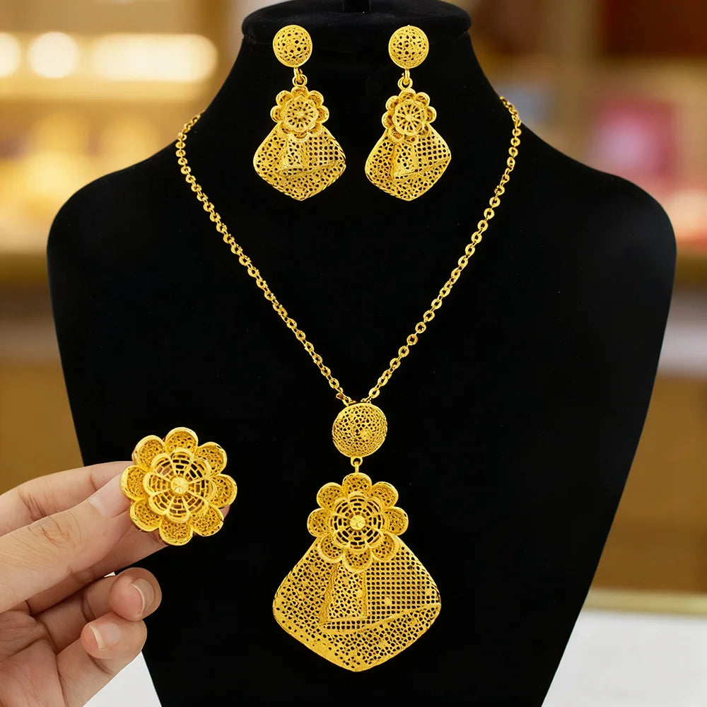 Nigerian Jewelry Set Women Wedding Jewelry Dubai Gold Geometric Flower Necklace Earrings Ring Luxury Party Favors