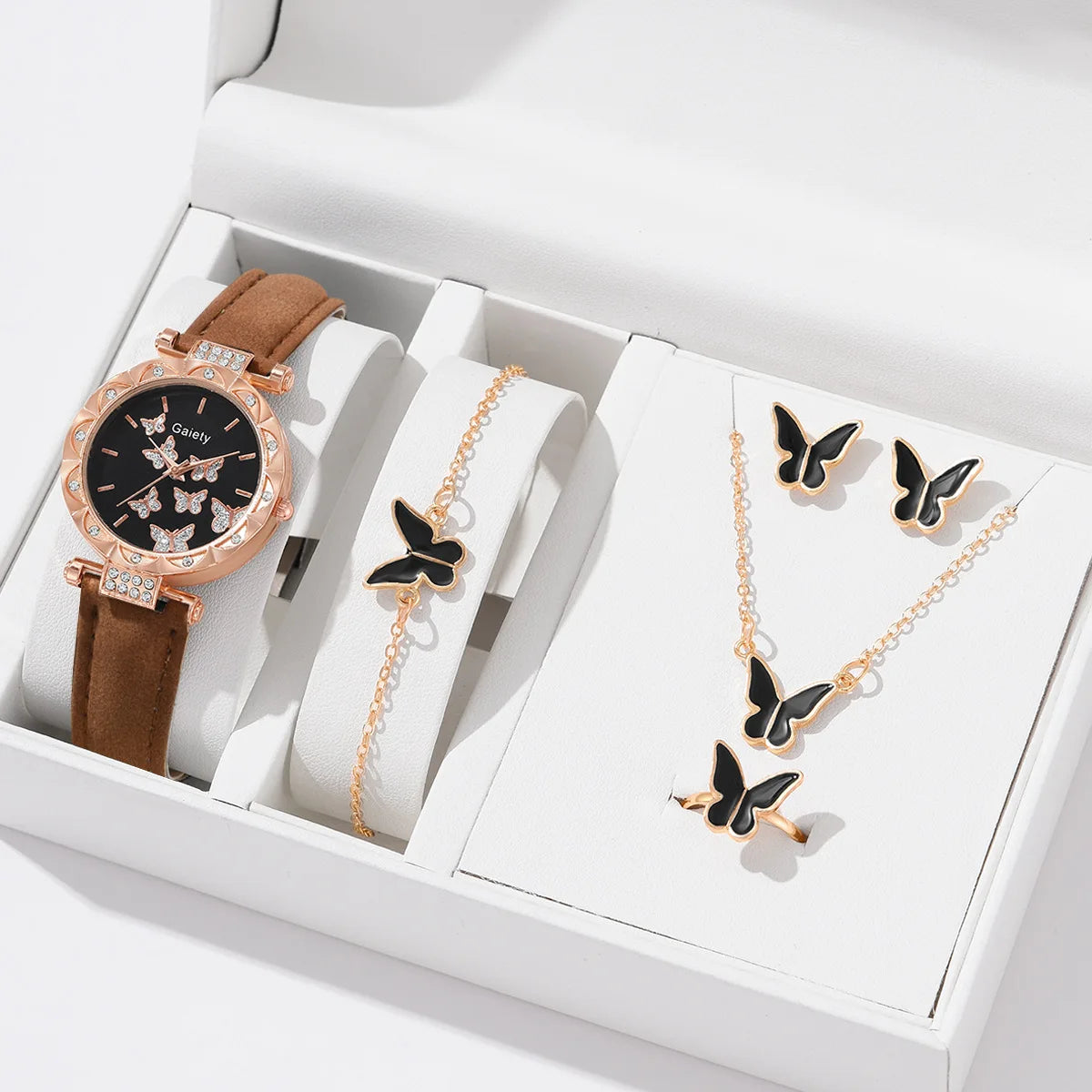 Butterfly Jewelry Set (without Box)Women Watches Female Leather Watch Rings Necklace Earrings Bracelet Wedding Gift