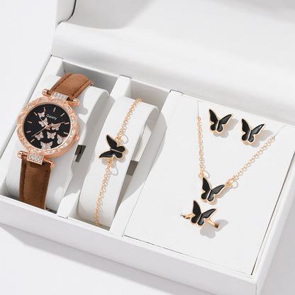 Butterfly Jewelry Set (without Box)Women Watches Female Leather Watch Rings Necklace Earrings Bracelet Wedding Gift