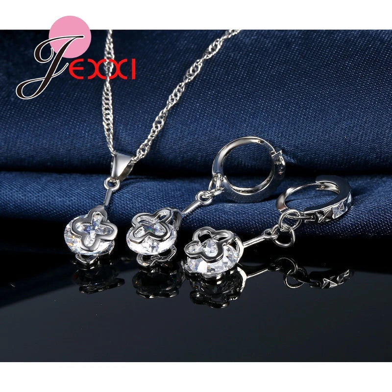Wedding Accessories Women Jewelry Sets 925 Sterling Silver Color Color Austrian Crystal Hollow Necklace Dangle Earrings