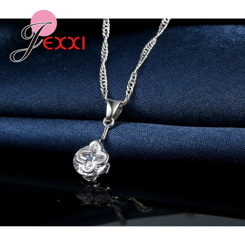 Wedding Accessories Women Jewelry Sets 925 Sterling Silver Color Color Austrian Crystal Hollow Necklace Dangle Earrings