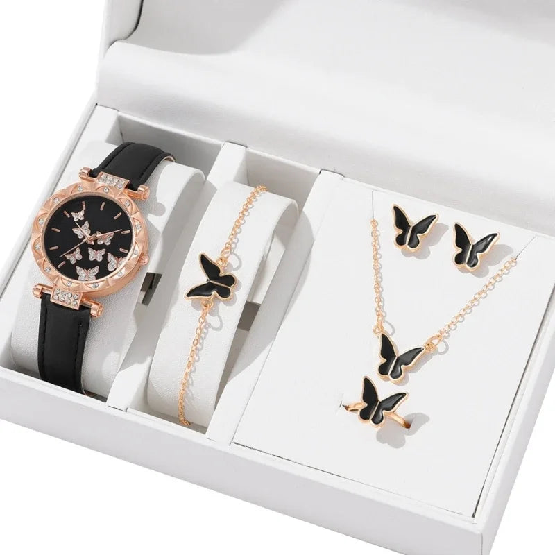 Butterfly Jewelry Set (without Box)Women Watches Female Leather Watch Rings Necklace Earrings Bracelet Wedding Gift