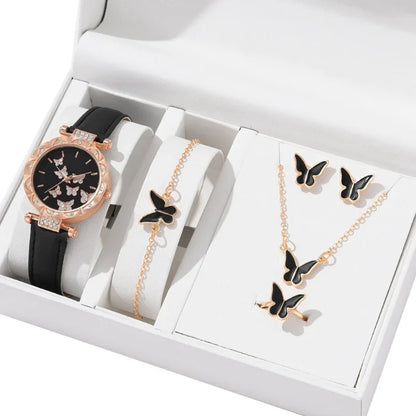 Butterfly Jewelry Set (without Box)Women Watches Female Leather Watch Rings Necklace Earrings Bracelet Wedding Gift