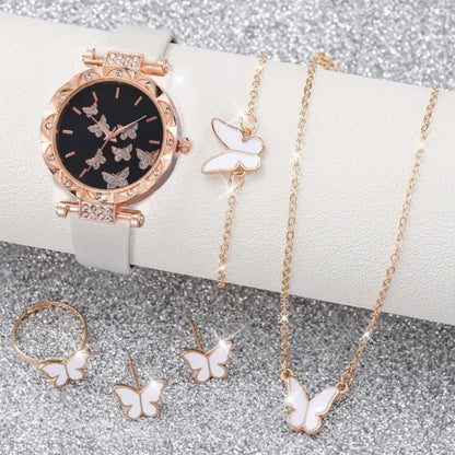 Butterfly Jewelry Set (without Box)Women Watches Female Leather Watch Rings Necklace Earrings Bracelet Wedding Gift