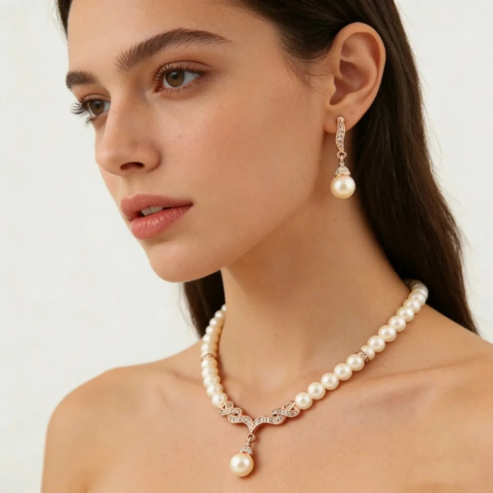 Women Pearl & Crystal Jewelry Set, Gold Tone Necklace, Elegant Bridal Wedding Party Dress Up Fashion Jewelry Collection