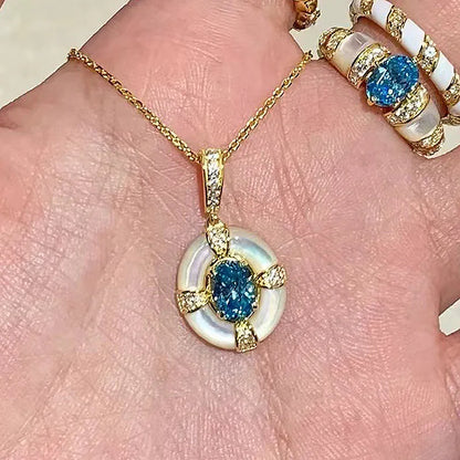 Classic blue jewelry sets dreamy aquamarine gem White Fritillaria ring necklace High quality palace style retro wedding gift