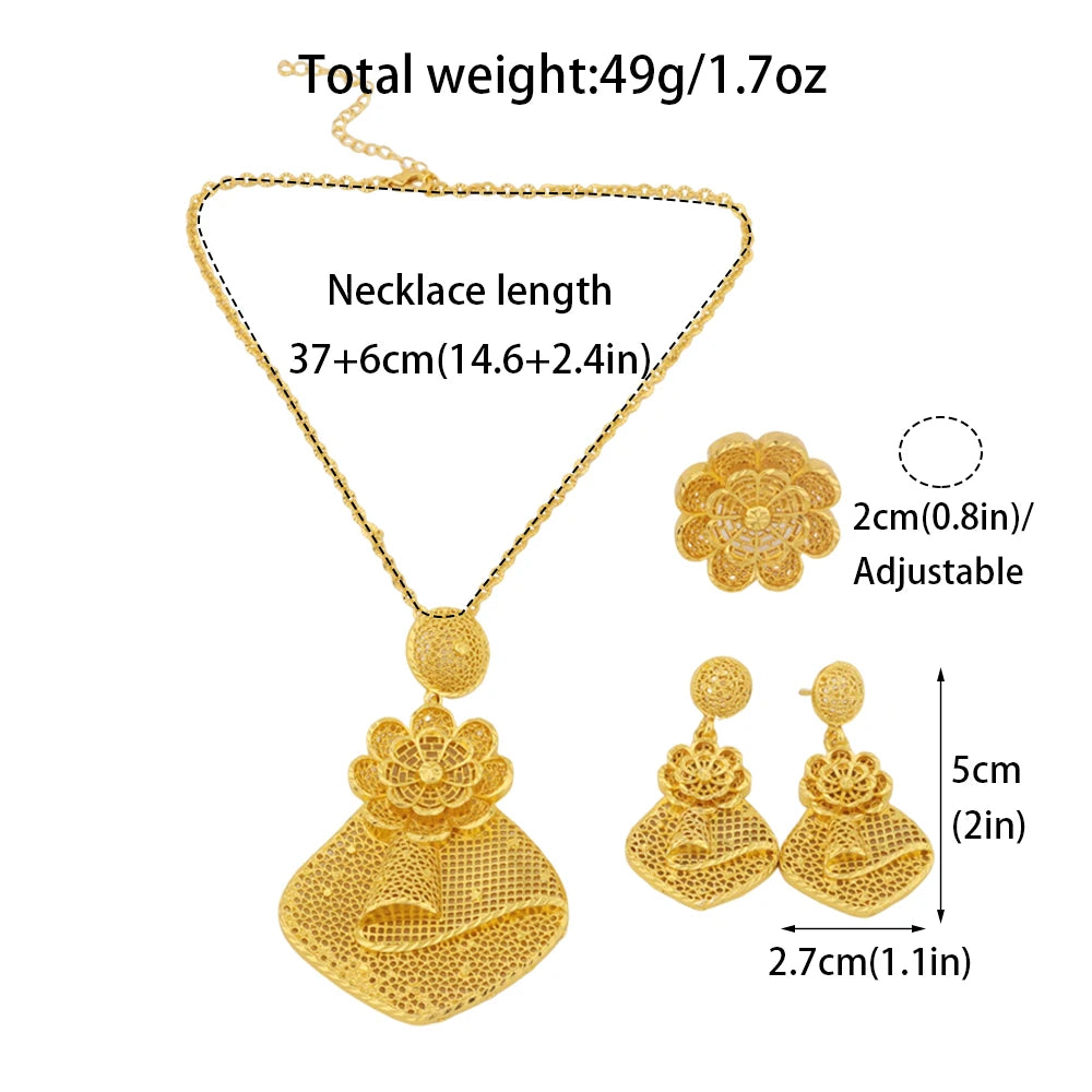 Nigerian Jewelry Set Women Wedding Jewelry Dubai Gold Geometric Flower Necklace Earrings Ring Luxury Party Favors