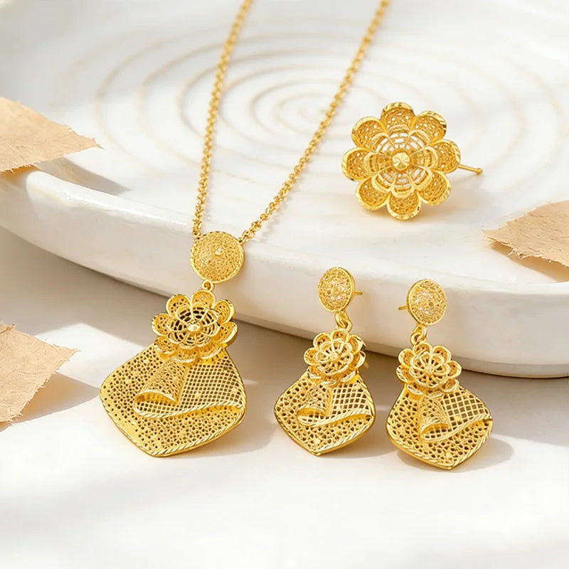 Nigerian Jewelry Set Women Wedding Jewelry Dubai Gold Geometric Flower Necklace Earrings Ring Luxury Party Favors