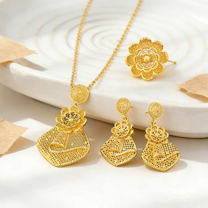 Nigerian Jewelry Set Women Wedding Jewelry Dubai Gold Geometric Flower Necklace Earrings Ring Luxury Party Favors