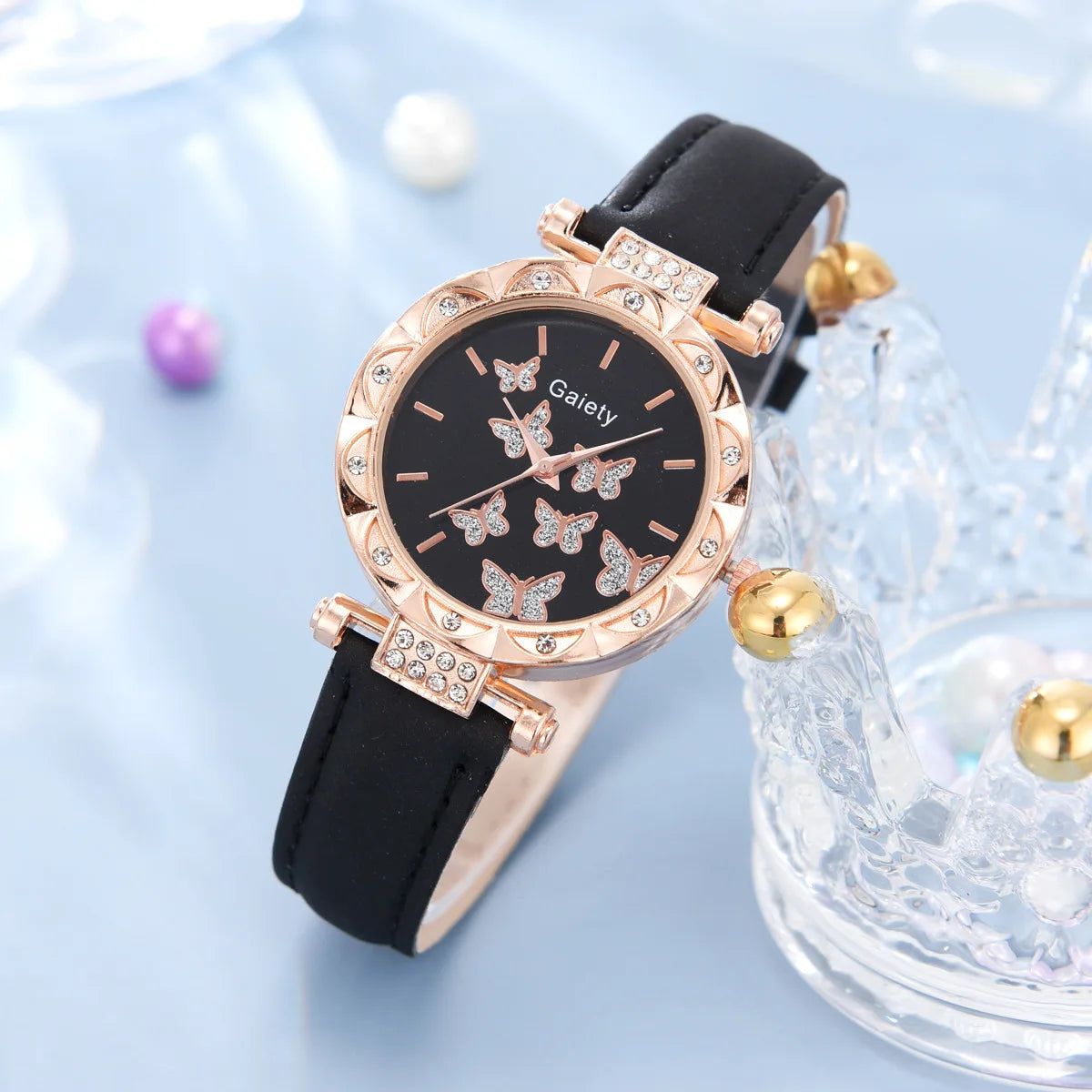Butterfly Jewelry Set (without Box)Women Watches Female Leather Watch Rings Necklace Earrings Bracelet Wedding Gift