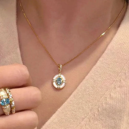 Classic blue jewelry sets dreamy aquamarine gem White Fritillaria ring necklace High quality palace style retro wedding gift
