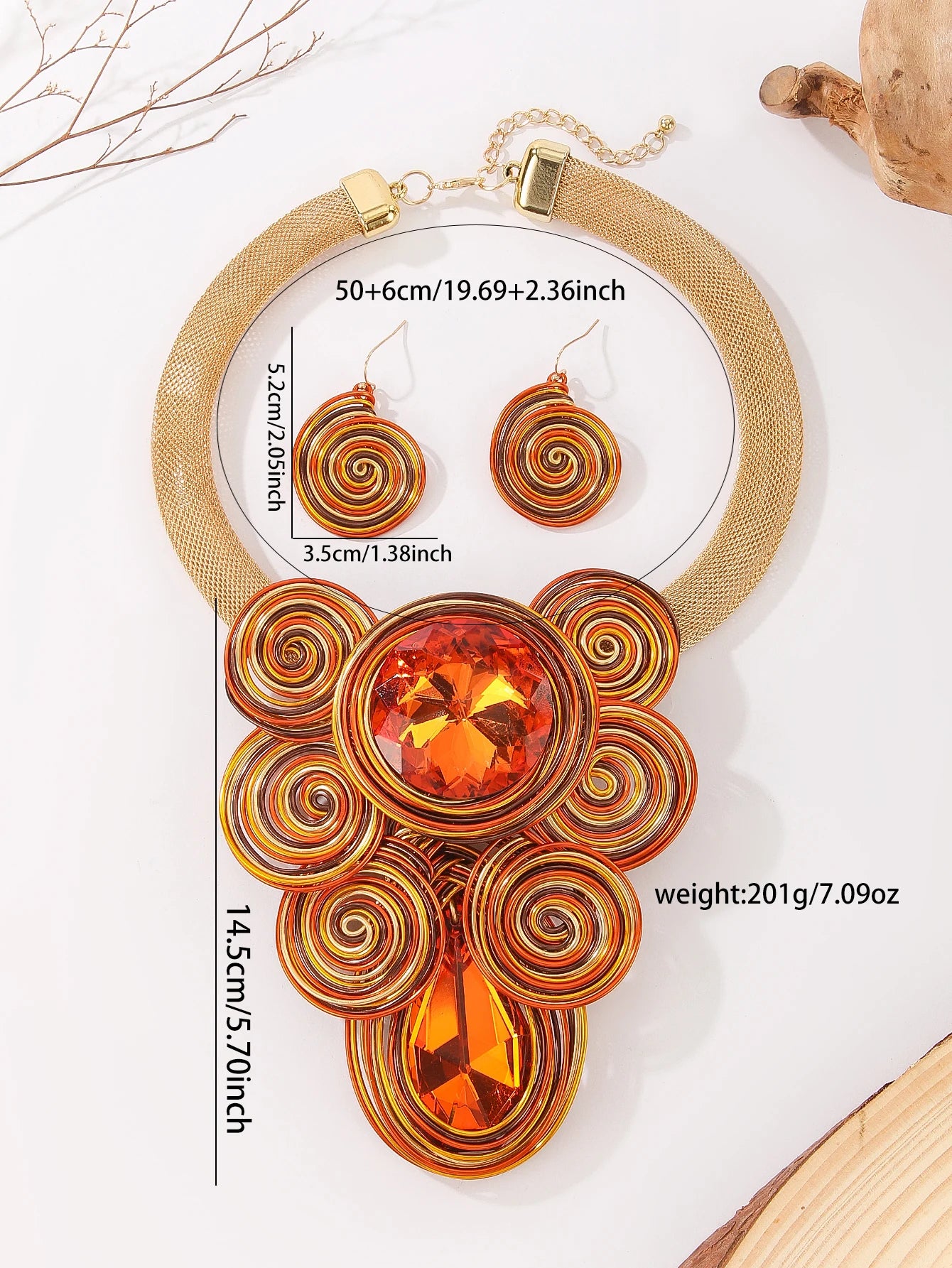 A set of new yellow jewelry, exaggerated design, teardrop crystal gemstone, aluminum wire woven large necklace and earrings