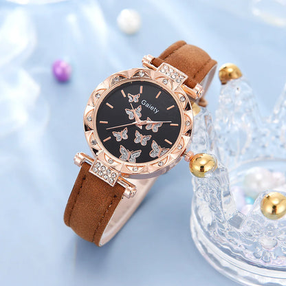 Butterfly Jewelry Set (without Box)Women Watches Female Leather Watch Rings Necklace Earrings Bracelet Wedding Gift