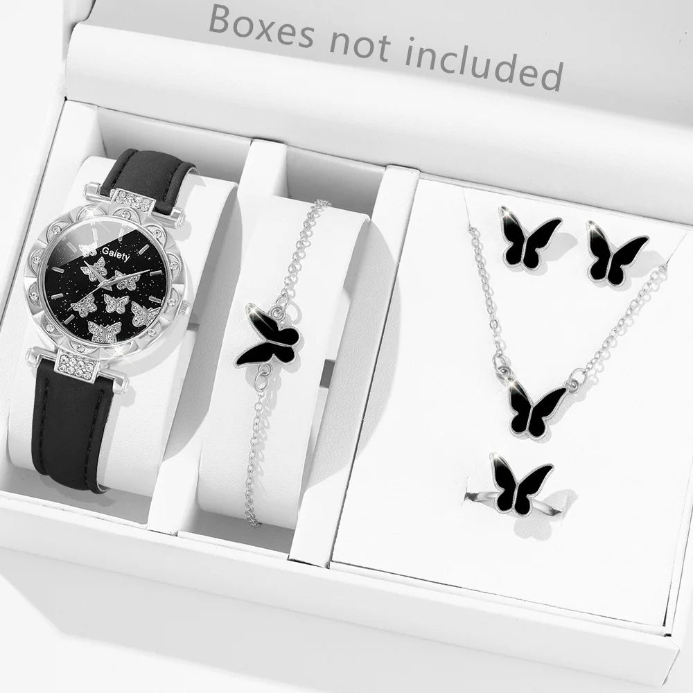 Butterfly Jewelry Set (without Box)Women Watches Female Leather Watch Rings Necklace Earrings Bracelet Wedding Gift