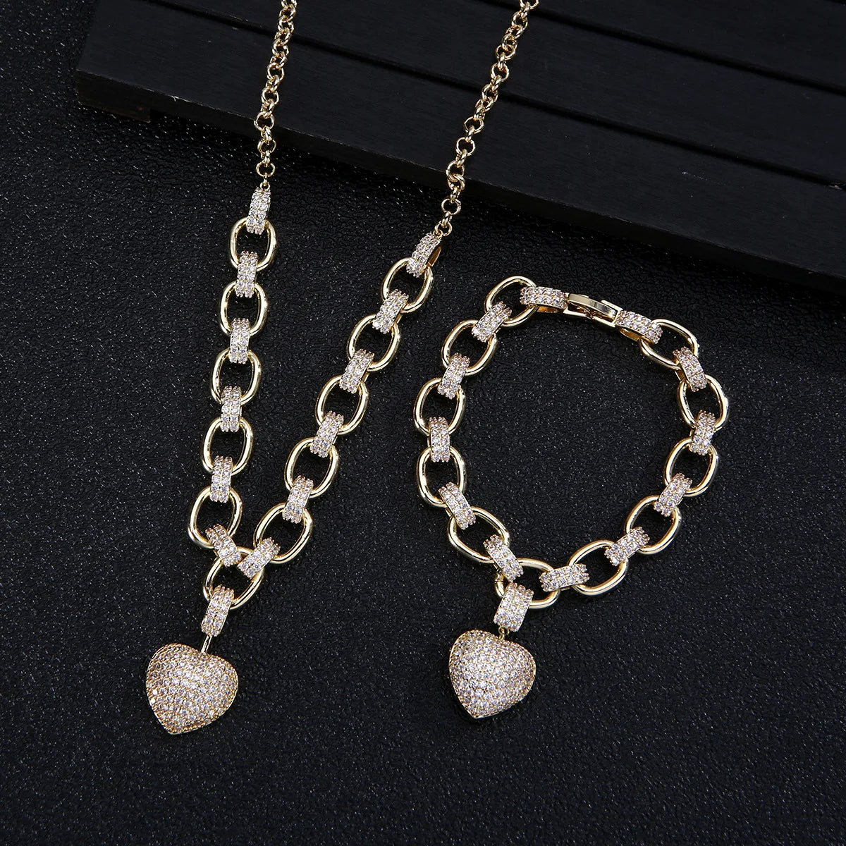 Heart  Jewelry Sets for Women Luxury love thick chain Necklace Earrings Bracelet Wedding Dress Bridal Necklace Sets  wife gift