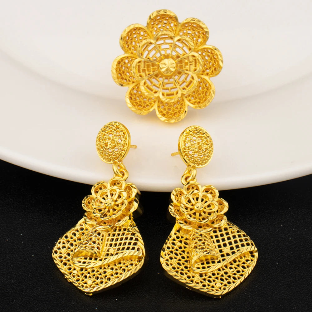 Nigerian Jewelry Set Women Wedding Jewelry Dubai Gold Geometric Flower Necklace Earrings Ring Luxury Party Favors