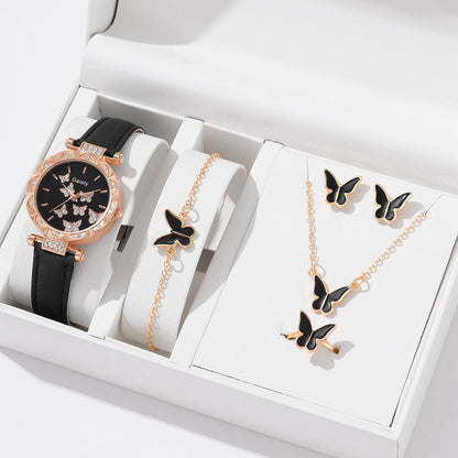 Butterfly Jewelry Set (without Box)Women Watches Female Leather Watch Rings Necklace Earrings Bracelet Wedding Gift