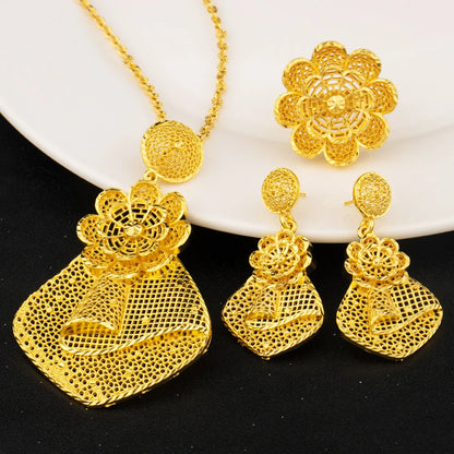 Nigerian Jewelry Set Women Wedding Jewelry Dubai Gold Geometric Flower Necklace Earrings Ring Luxury Party Favors