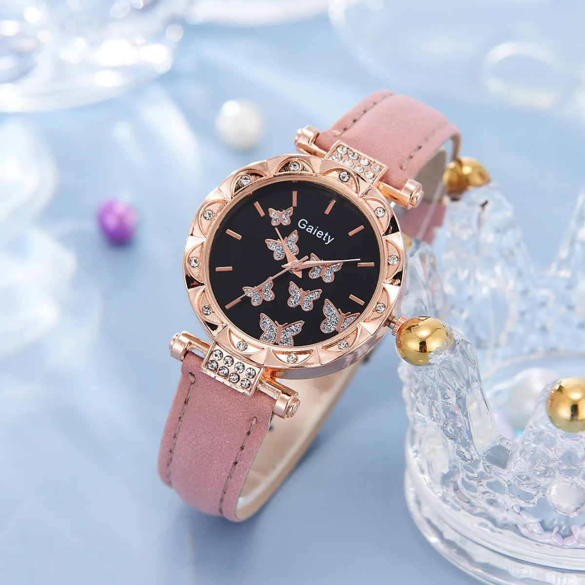 Butterfly Jewelry Set (without Box)Women Watches Female Leather Watch Rings Necklace Earrings Bracelet Wedding Gift