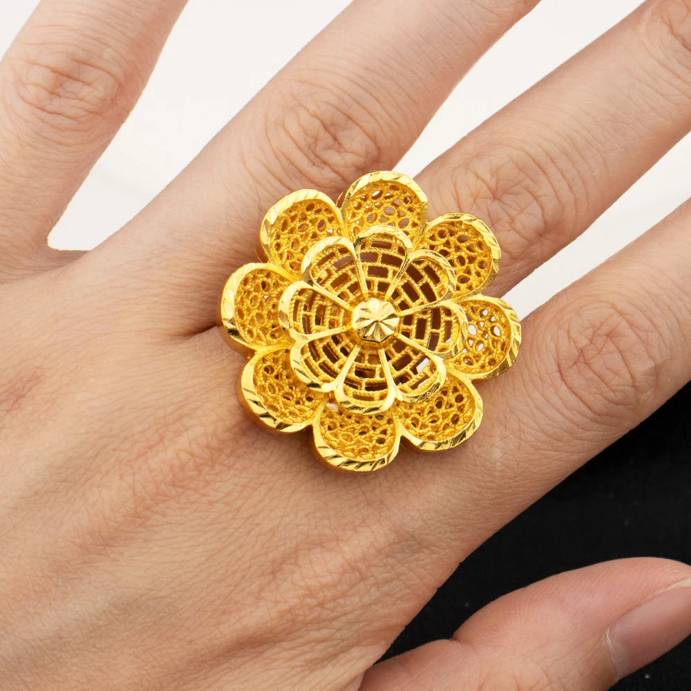 Nigerian Jewelry Set Women Wedding Jewelry Dubai Gold Geometric Flower Necklace Earrings Ring Luxury Party Favors