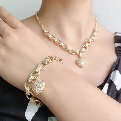 Heart  Jewelry Sets for Women Luxury love thick chain Necklace Earrings Bracelet Wedding Dress Bridal Necklace Sets  wife gift