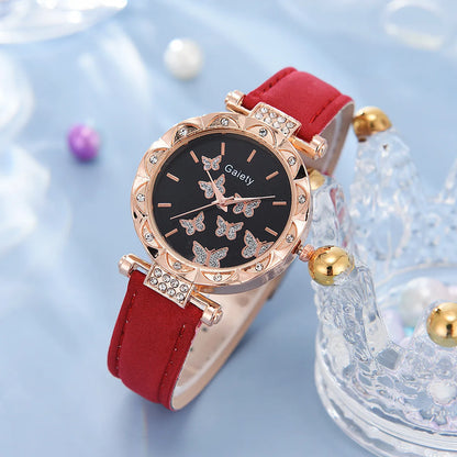Butterfly Jewelry Set (without Box)Women Watches Female Leather Watch Rings Necklace Earrings Bracelet Wedding Gift