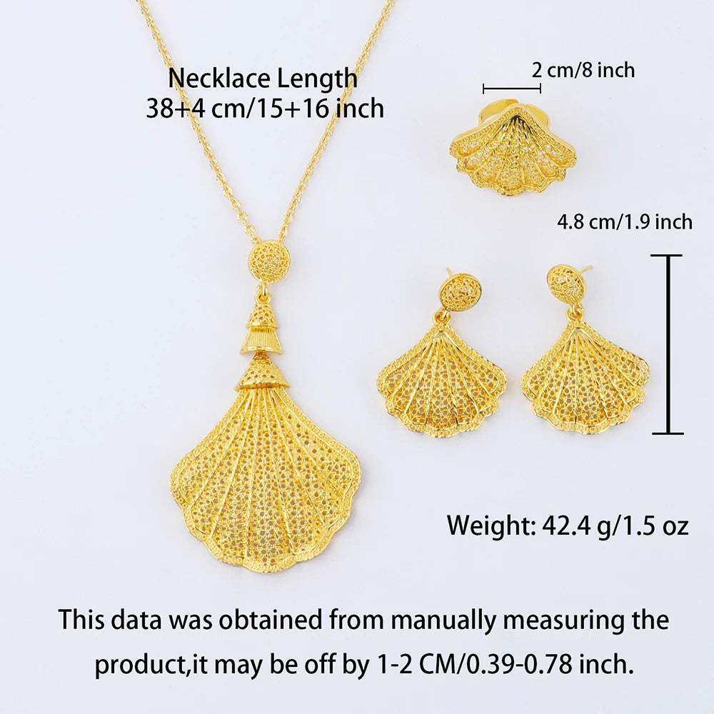 Nigerian Jewelry Set Women Wedding Jewelry Dubai Gold Geometric Flower Necklace Earrings Ring Luxury Party Favors