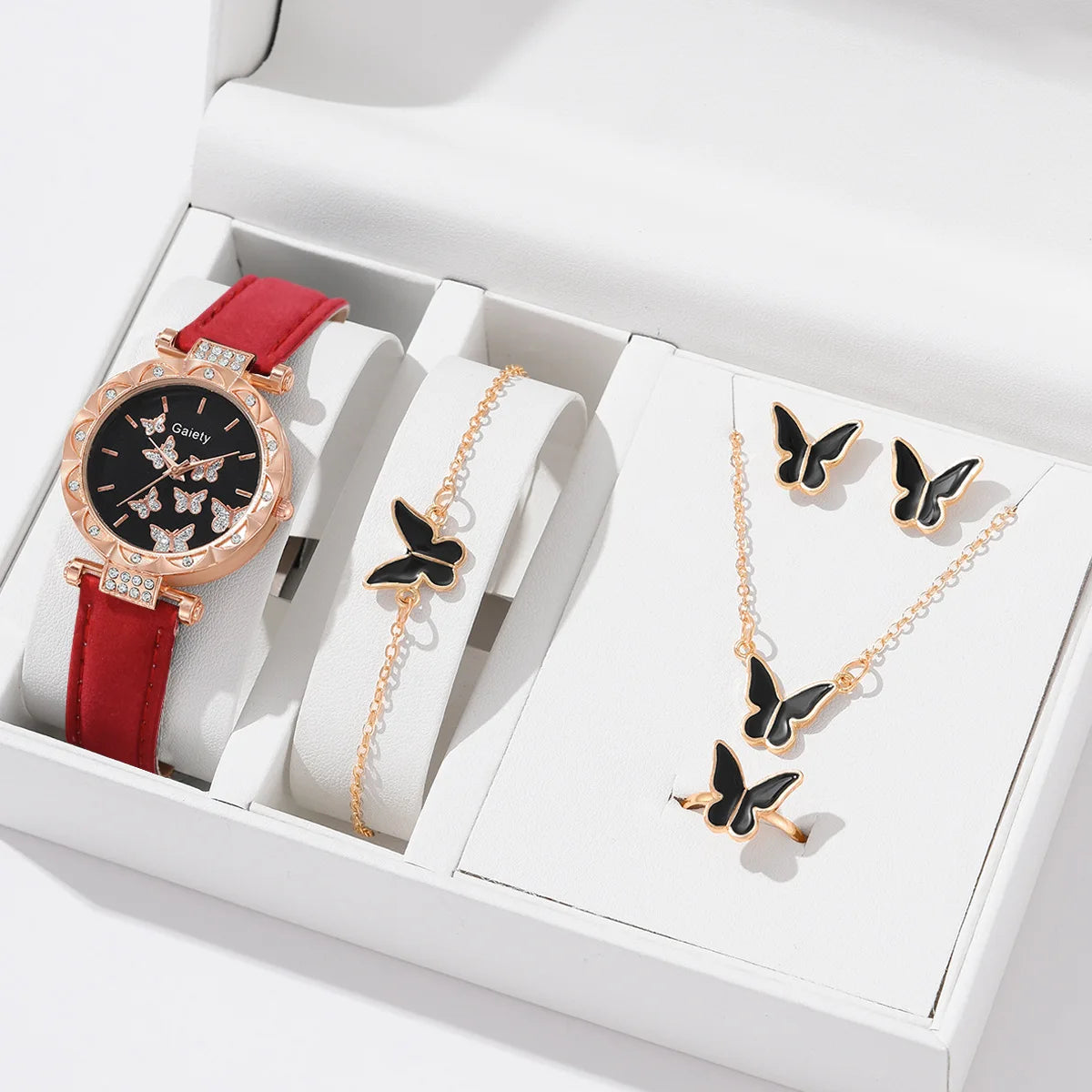 Butterfly Jewelry Set (without Box)Women Watches Female Leather Watch Rings Necklace Earrings Bracelet Wedding Gift