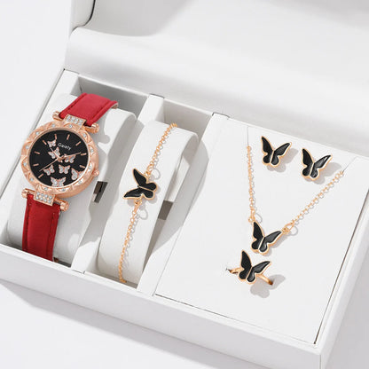 Butterfly Jewelry Set (without Box)Women Watches Female Leather Watch Rings Necklace Earrings Bracelet Wedding Gift