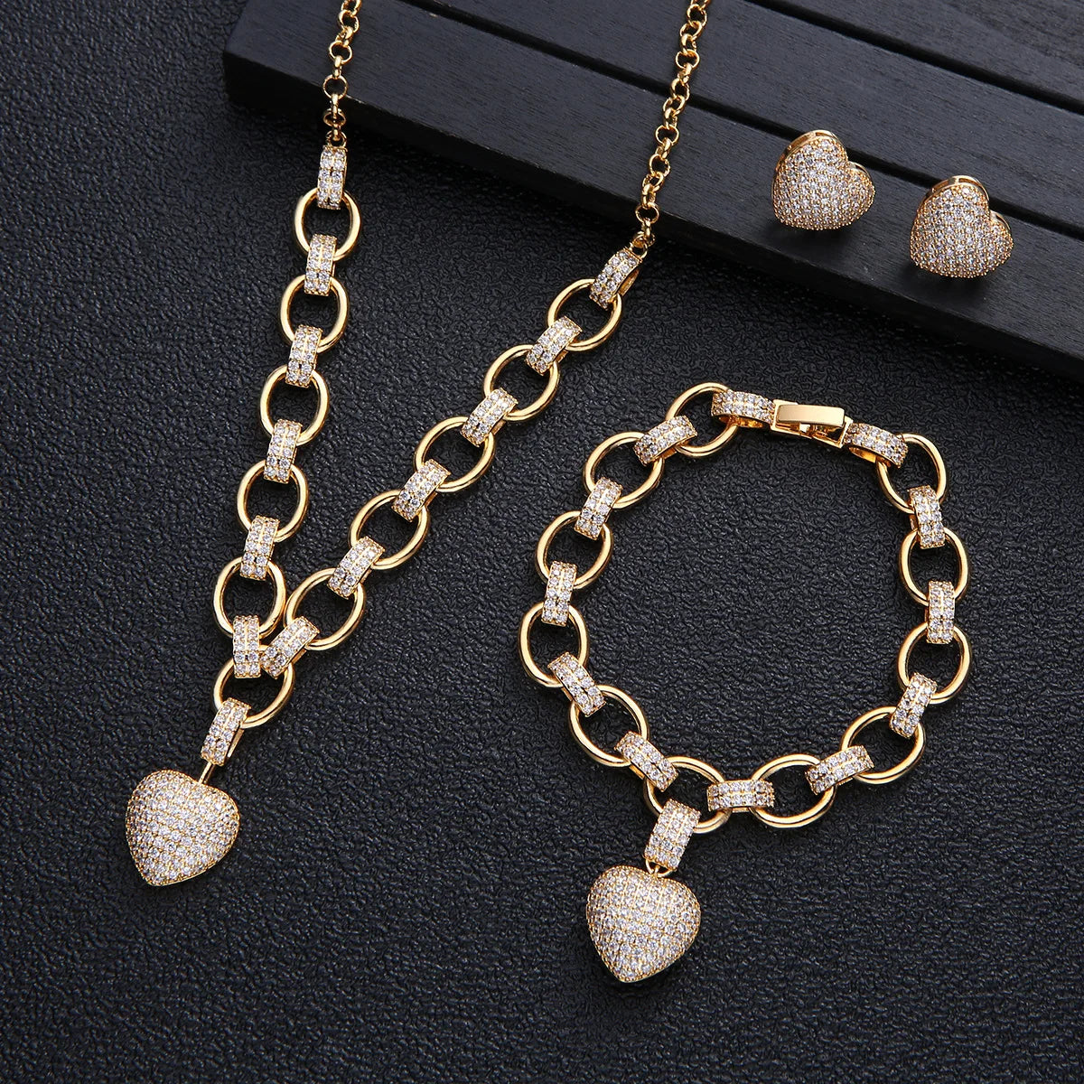 Heart  Jewelry Sets for Women Luxury love thick chain Necklace Earrings Bracelet Wedding Dress Bridal Necklace Sets  wife gift