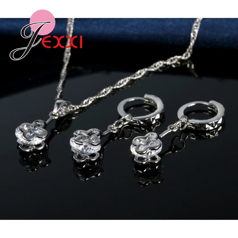Wedding Accessories Women Jewelry Sets 925 Sterling Silver Color Color Austrian Crystal Hollow Necklace Dangle Earrings