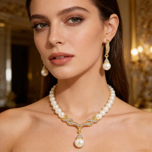 Women Pearl & Crystal Jewelry Set, Gold Tone Necklace, Elegant Bridal Wedding Party Dress Up Fashion Jewelry Collection