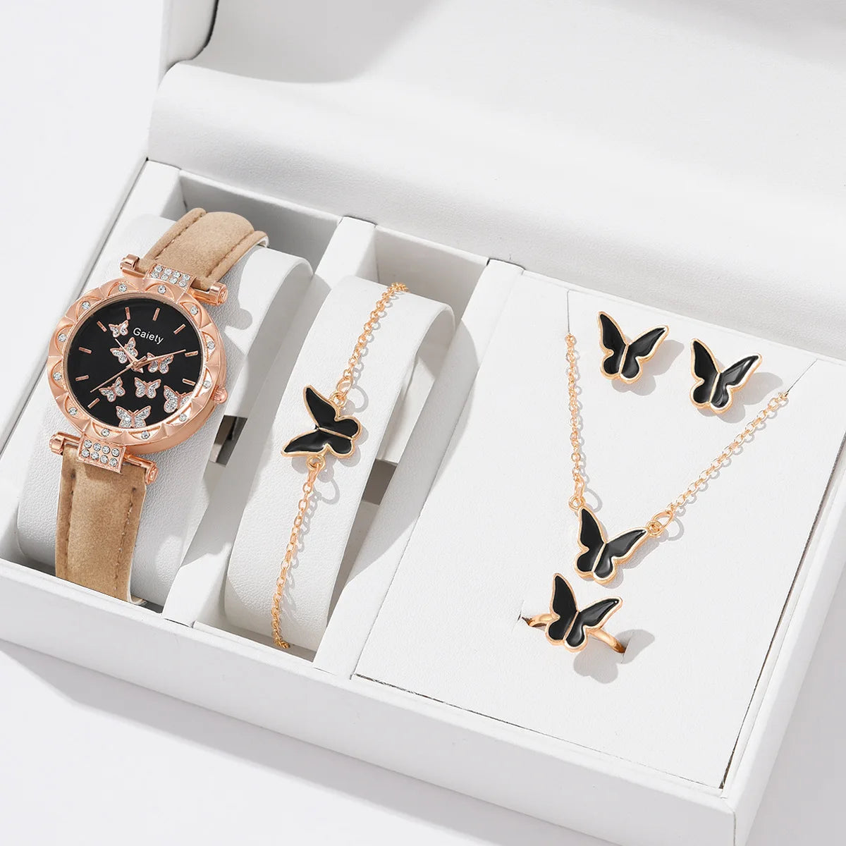 Butterfly Jewelry Set (without Box)Women Watches Female Leather Watch Rings Necklace Earrings Bracelet Wedding Gift