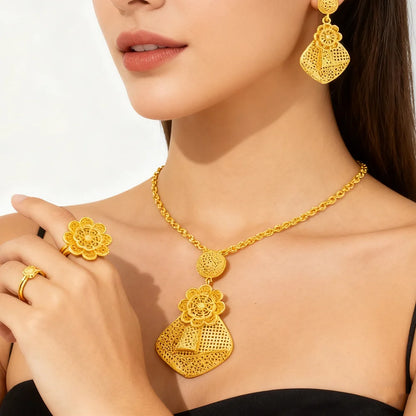 Nigerian Jewelry Set Women Wedding Jewelry Dubai Gold Geometric Flower Necklace Earrings Ring Luxury Party Favors