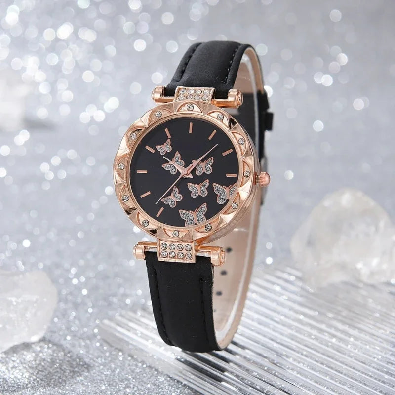 Butterfly Jewelry Set (without Box)Women Watches Female Leather Watch Rings Necklace Earrings Bracelet Wedding Gift